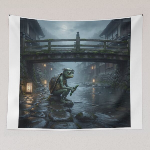 Item preview, Lonely Kappa by the Moonlit River – Japanese Folklore Yokai Art designed and sold by Mori-no-Akari.