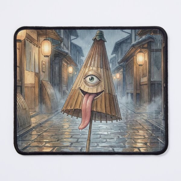 Item preview, One-Eyed Umbrella Yokai – Karakasa Obake in Rainy Edo Street | Japanese Folklore Art designed and sold by Mori-no-Akari.