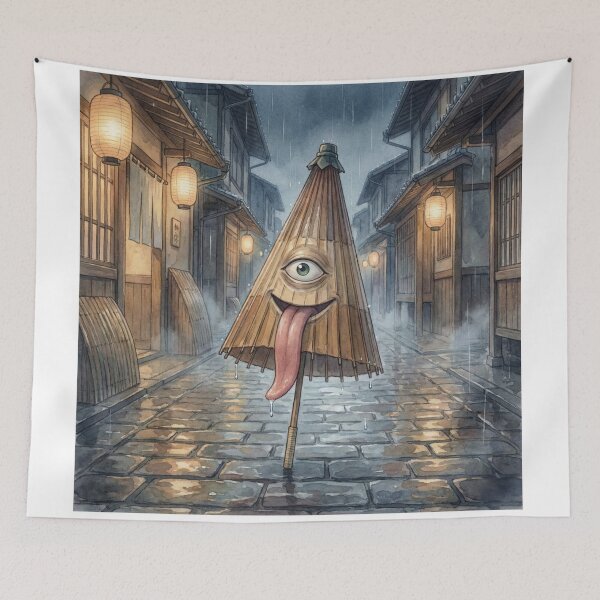 Item preview, One-Eyed Umbrella Yokai – Karakasa Obake in Rainy Edo Street | Japanese Folklore Art designed and sold by Mori-no-Akari.