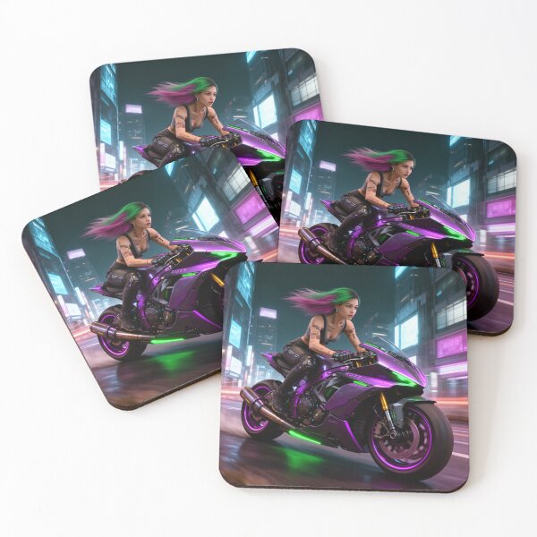 Artikelvorschau, Cyberpunk-Mädchen auf einem Sportmotorrad in der Cyberstadt entworfen und verkauft von aykiradesigns.