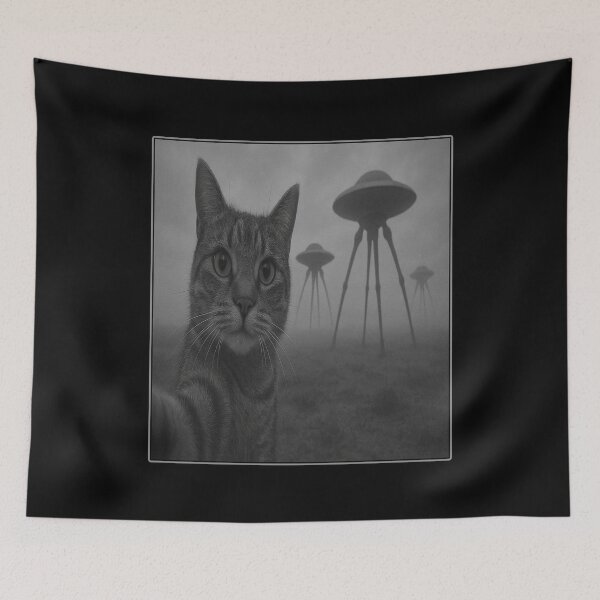 Item preview, FUNNY CAT TAKING SELFIE WITH ALIENS EXTRATERRESTRIAL MACHINES CLOSING IN FROM THE FIELD sci fi fans cat lovers space lovers space exploration ufo studies aliens  designed and sold by Jt41.