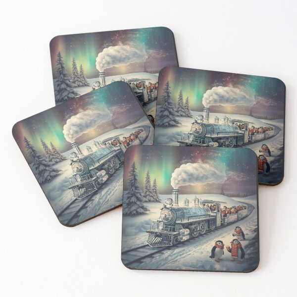 Item preview, Penguin Polar Express Train Under Aurora Borealis - Cute Christmas Winter Fantasy Art designed and sold by TitanRN.