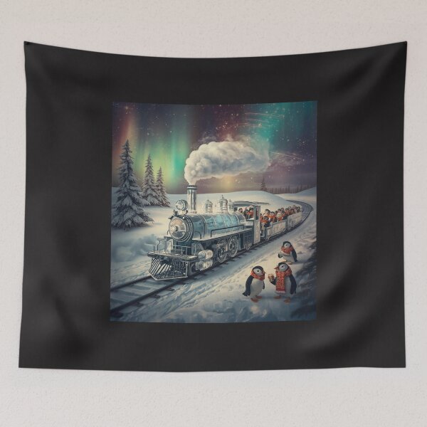 Item preview, Penguin Polar Express Train Under Aurora Borealis - Cute Christmas Winter Fantasy Art designed and sold by TitanRN.