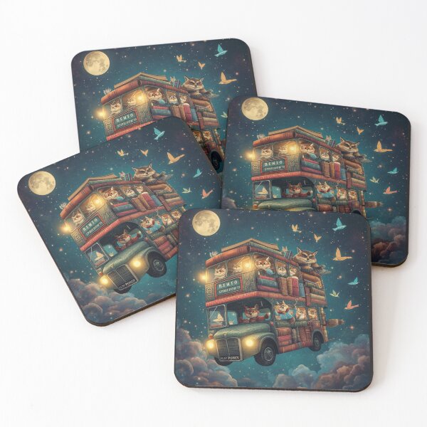 Item preview, Magical Flying Book Bus with Anthropomorphic Cats and Foxes - Whimsical Fantasy Art designed and sold by TitanRN.