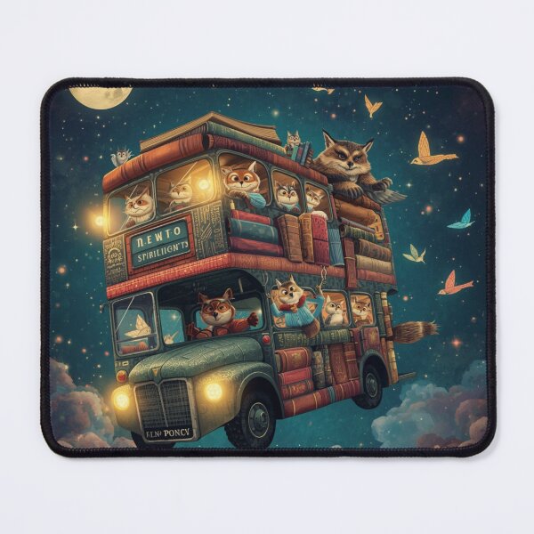 Item preview, Magical Flying Book Bus with Anthropomorphic Cats and Foxes - Whimsical Fantasy Art designed and sold by TitanRN.