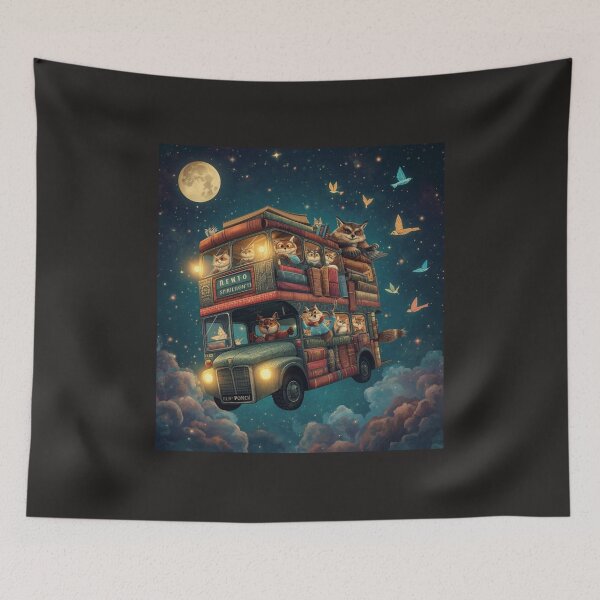Item preview, Magical Flying Book Bus with Anthropomorphic Cats and Foxes - Whimsical Fantasy Art designed and sold by TitanRN.