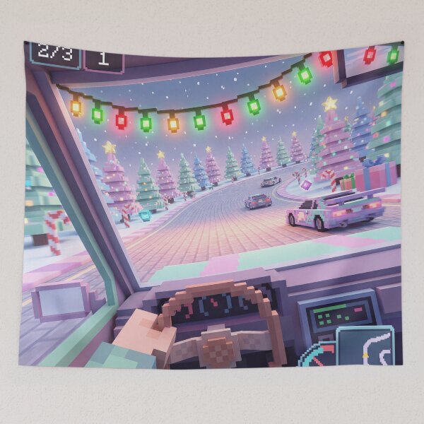 Item preview, Christmas Pixel Racing POV – Cozy Winter Arcade Driving Art designed and sold by MuseAI.
