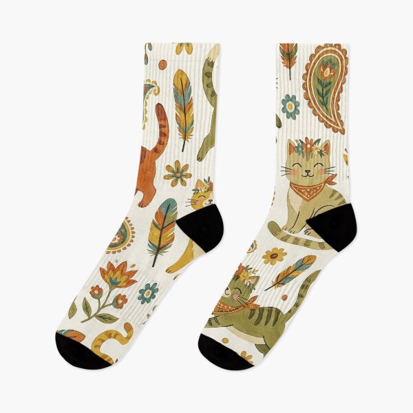 Item preview, Whimsical Boho Cats with Flower Crowns - Retro Folk Art Pattern designed and sold by Hen-C-Art.
