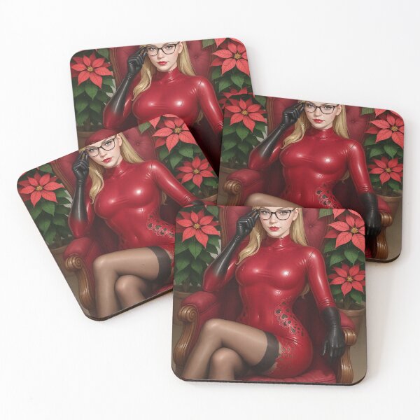 Item preview, Ilya in red latex suit with poinsettias behind her designed and sold by CathryneDelamort.