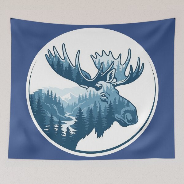 Item preview, Majestic Moose Icy Blue Taiga Forest Double Exposure Art designed and sold by CANDO ART STORE.