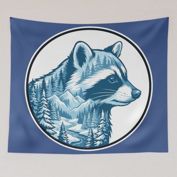 Item preview, Clever Raccoon Icy Blue Taiga Forest Double Exposure Art designed and sold by CANDO ART STORE.