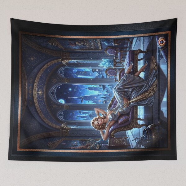 Item preview, Stellara Wynthra Reclining In Celestial Gothic Chamber Alluring AI Concept Art by Xzendor7 designed and sold by Xzendor7 Digital Art Creations.