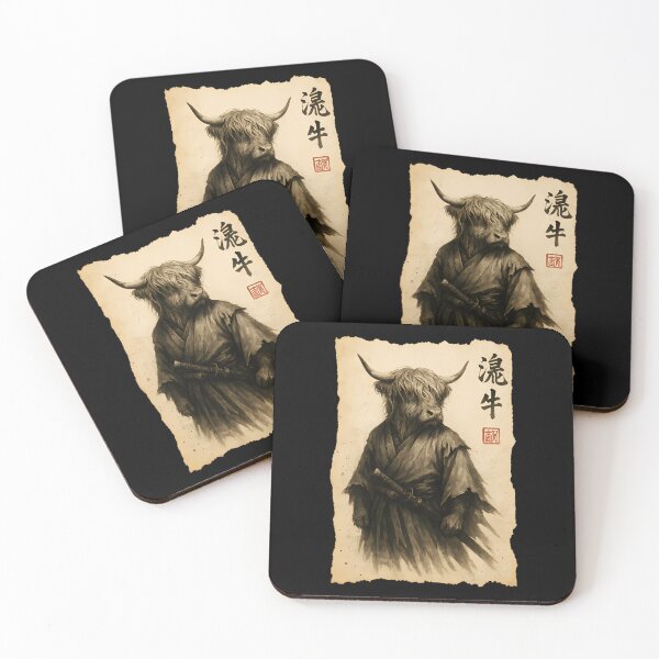 Item preview, Retro Vintage Japanese ink art, samurai Highland Cow illustration designed and sold by Mason-Pride.