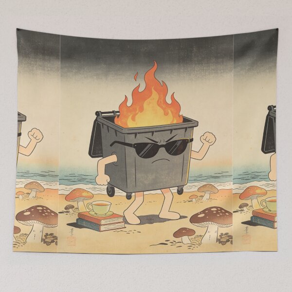 Item preview, Ukiyo-e Burning Dumpster Fire Art - Angry Trash Can Warrior on the Beach - Japanese Woodblock Print Style designed and sold by Cherrydora.