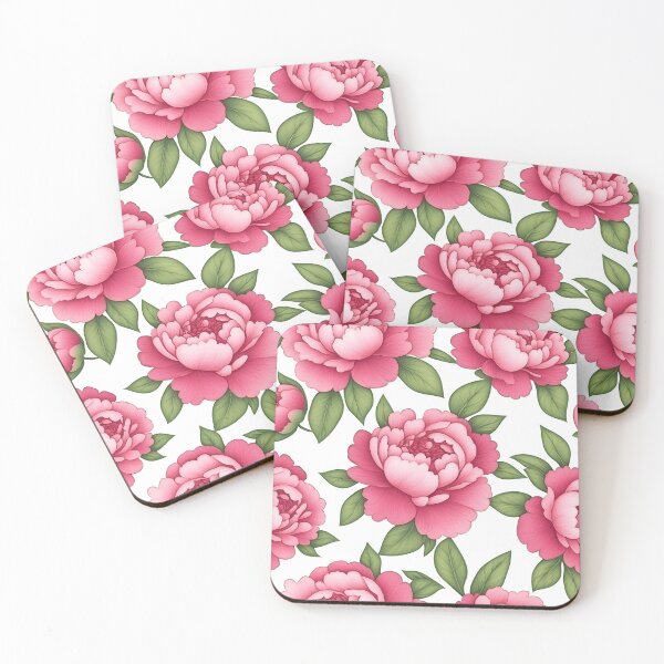 Item preview, This image shows a repeating pattern of beautiful, detailed pink peonies with lush green leaves against a white backdrop, showcasing elegant floral artistry. designed and sold by rujlaphusstudio.