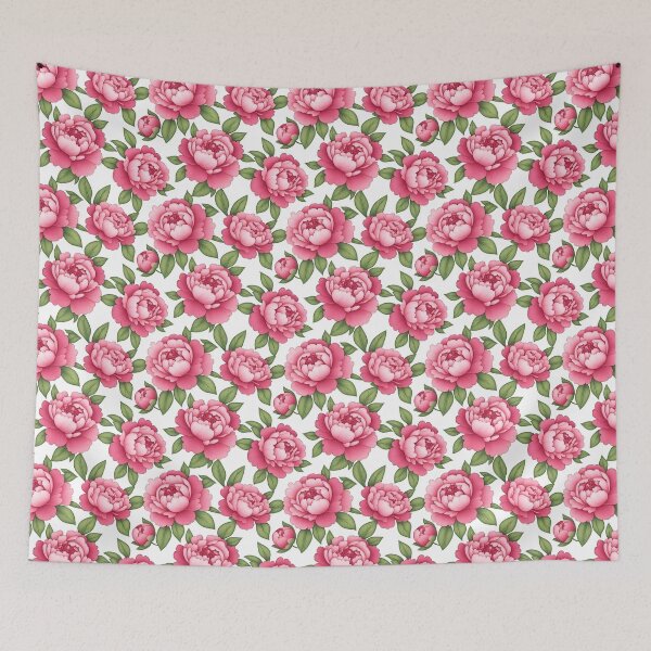 Item preview, This image shows a repeating pattern of beautiful, detailed pink peonies with lush green leaves against a white backdrop, showcasing elegant floral artistry. designed and sold by rujlaphusstudio.