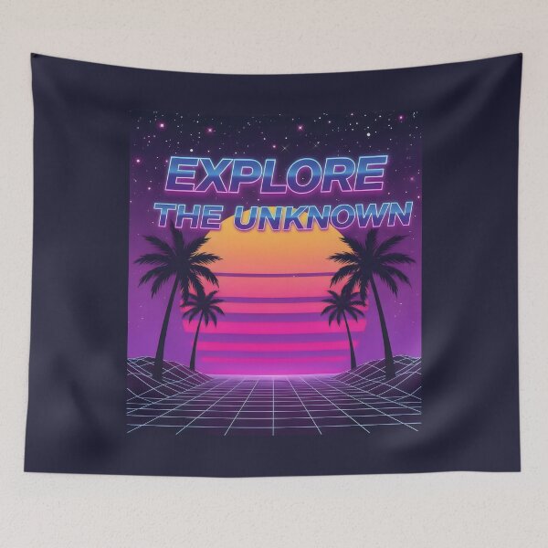 Item preview, Explore the Unknown Synthwave Sunset Design with Grid, Palms and Retro Neon Vibes designed and sold by SplashTastic.