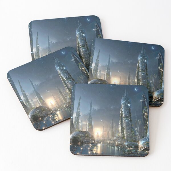Item preview, Futuristic Cityscape Under a Shimmering Crescent Moon designed and sold by jecphotography and art.