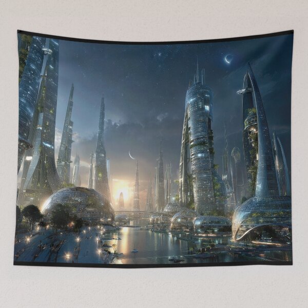 Item preview, Futuristic Cityscape Under a Shimmering Crescent Moon designed and sold by jecphotography and art.