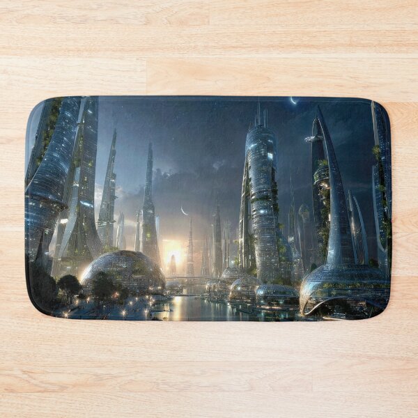 Item preview, Futuristic Cityscape Under a Shimmering Crescent Moon designed and sold by jecphotography and art.