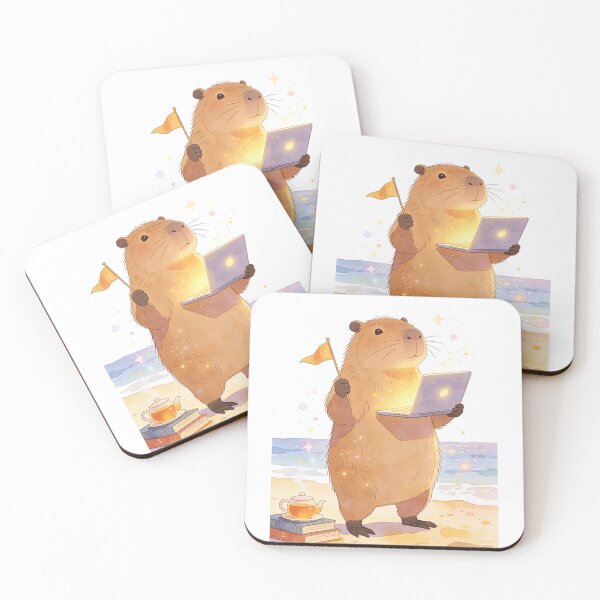Item preview, Cozy Capybara Digital Nomad: Watercolor Beach Life with Glowing Laptop and Tea designed and sold by Cherrydora.