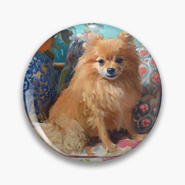 Item preview, Grandmillennial art, Coastal Pomeranian dog on rattan chair designed and sold by SophieClimaArt.