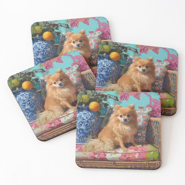 Item preview, Grandmillennial art, Coastal Pomeranian dog on rattan chair designed and sold by SophieClimaArt.