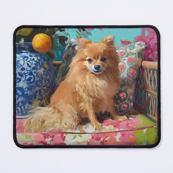 Item preview, Grandmillennial art, Coastal Pomeranian dog on rattan chair designed and sold by SophieClimaArt.
