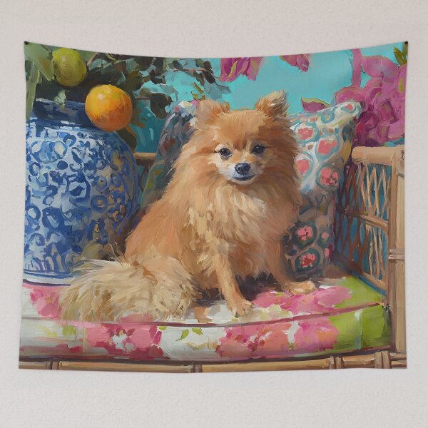 Item preview, Grandmillennial art, Coastal Pomeranian dog on rattan chair designed and sold by SophieClimaArt.