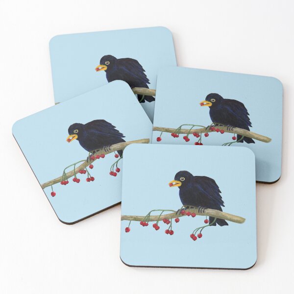 Item preview, Blackbird Perched on a Branch Eating Red Berries designed and sold by Julia Doria.