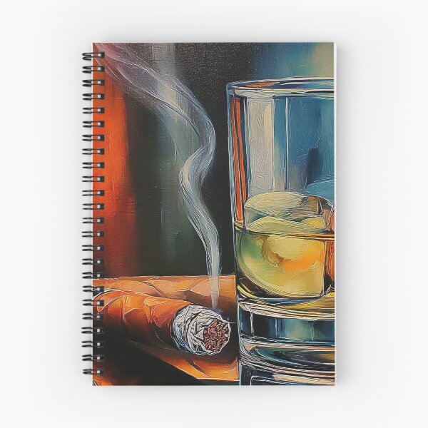 Artikelvorschau, Erheben Sie ein Glas Whiskey und zünden Sie sich eine Zigarre vor einem lebendigen, reflektierenden Hintergrund an. entworfen und verkauft von OlfactoART Studio.