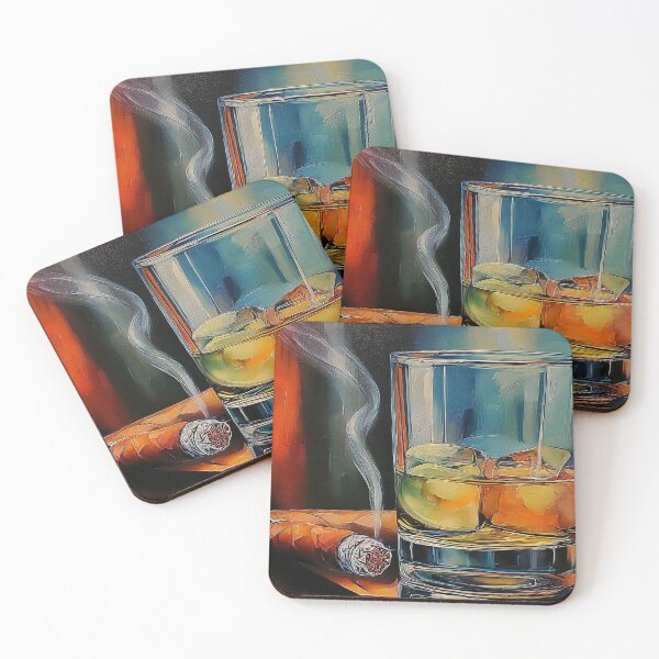 Item preview, Raise a Glass of Whiskey and Ignite a Cigar Against a Vibrant Reflective Backdrop designed and sold by OlfactoART Studio.