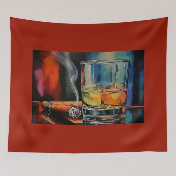 Item preview, Raise a Glass of Whiskey and Ignite a Cigar Against a Vibrant Reflective Backdrop designed and sold by OlfactoART Studio.