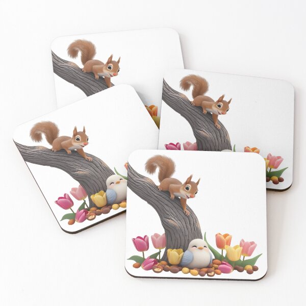 Item preview, A playful squirrel climbing down a tree, a sweet little bird sitting on nuts below, and beautiful tulips all around.  designed and sold by Designfs.