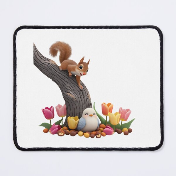Item preview, A playful squirrel climbing down a tree, a sweet little bird sitting on nuts below, and beautiful tulips all around. designed and sold by Designfs.