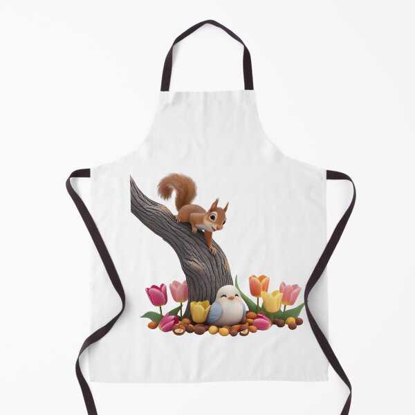 Item preview, A playful squirrel climbing down a tree, a sweet little bird sitting on nuts below, and beautiful tulips all around. designed and sold by Designfs.
