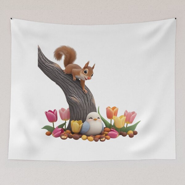 Item preview, A playful squirrel climbing down a tree, a sweet little bird sitting on nuts below, and beautiful tulips all around.  designed and sold by Designfs.