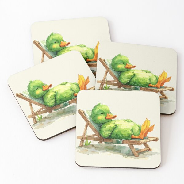 Item preview, A green duckling in watercolor style sleeps in a deck chair designed and sold by LiskoDesign.