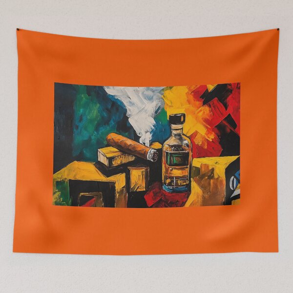 Item preview, A Lit Cigar and Whiskey in Bold Color: A Dynamic Still Life of Smoke, Warmth and Vibrant Energy designed and sold by OlfactoART Studio.