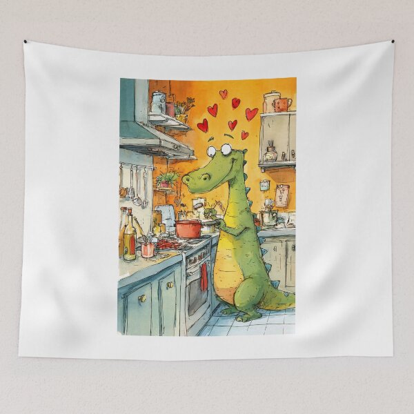 Item preview, A Love-Driven Dinosaur Cooking in a Colorful Kitchen Celebrating Valentine's Day with Hearts, Humor and Culinary Joy designed and sold by OlfactoART Studio.