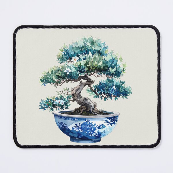 Item preview, Bonsai with delicate white blossoms in a blue ceramic pot designed and sold by LiskoDesign.