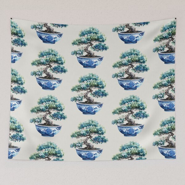 Item preview, Bonsai with delicate white blossoms in a blue ceramic pot designed and sold by LiskoDesign.