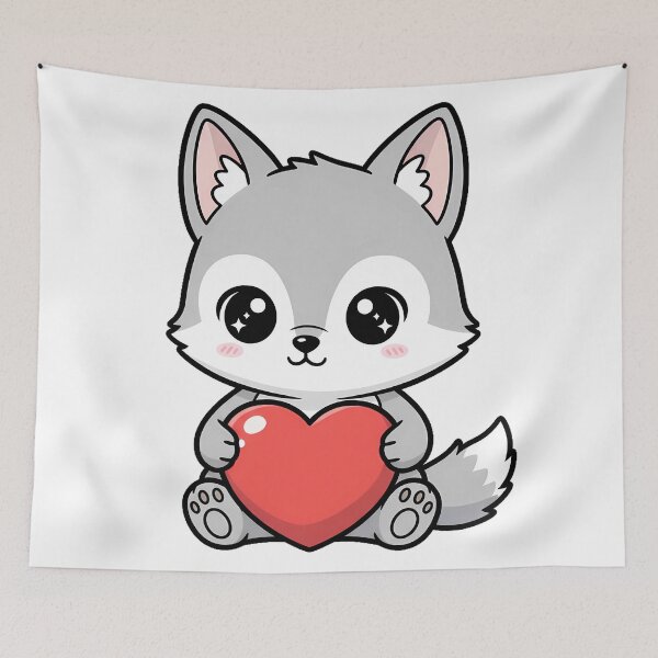 Item preview, Cute Kawaii Wolf Holding Heart Cartoon Illustration designed and sold by Cute Stickers Machine.