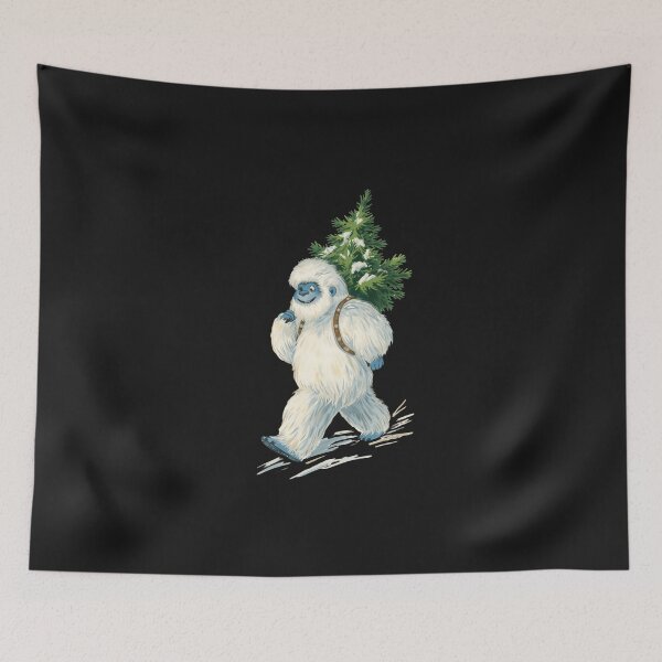 Item preview, Christmas Yeti Carrying a Tree on Dark Background – Cozy Winter Illustration designed and sold by Kindloom.