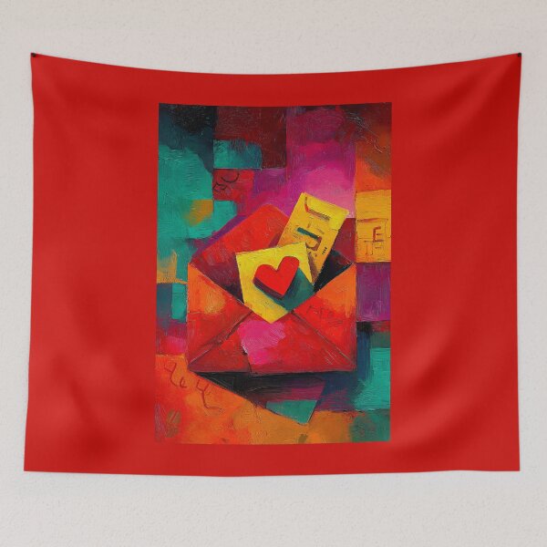 Item preview, A Red Envelope with Heart-Filled Yellow Card Against a Bold Abstract Geometric Background designed and sold by OlfactoART Studio.