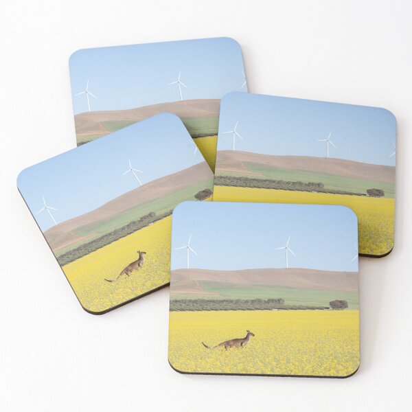 Item preview, Kangaroo in canola field with wind turbines designed and sold by terryhewitt.