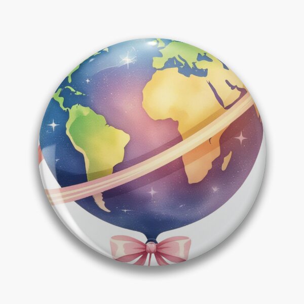 Item preview, Colorful globe with a ring and ribbon on a white background showing continents and oceans designed and sold by SpaceartLilu.
