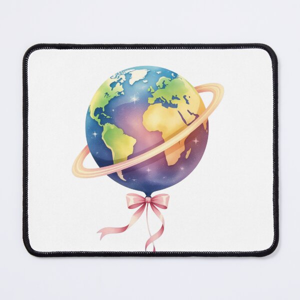 Item preview, Colorful globe with a ring and ribbon on a white background showing continents and oceans designed and sold by SpaceartLilu.