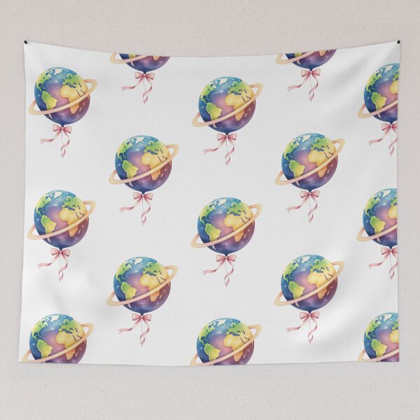 Item preview, Colorful globe with a ring and ribbon on a white background showing continents and oceans designed and sold by SpaceartLilu.