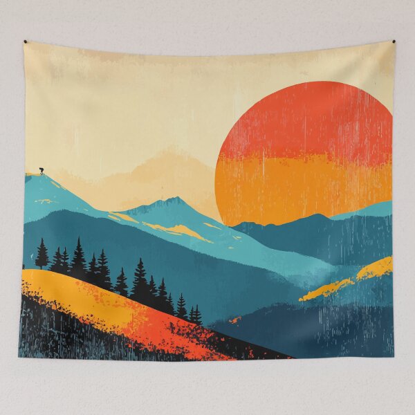 Aperçu de l'œuvre Illustration minimaliste abstraite de la nature au coucher du soleil sur une montagne créée et vendue par LVTFCOarts.
